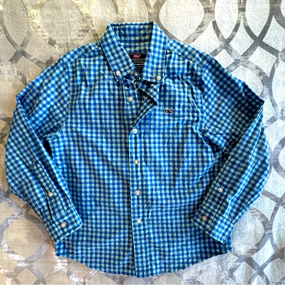 Vineyard Vines Boys Teal Blue Gingham Whale Button—Down Shirt Boys Size 6